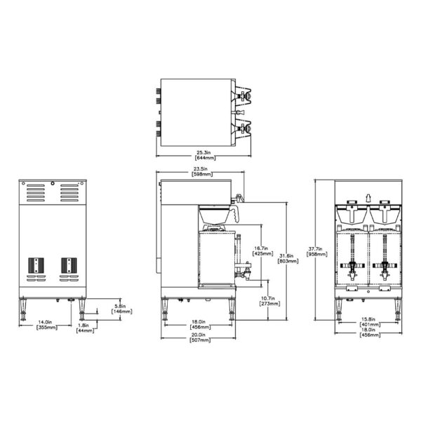 Dimensions image- used BUNN Dual BrewWISE, Soft Heat, DBC, Brewer, MADE IN USA